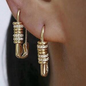 Gold Safety Pin Drop Earrings with Pavé Crystals